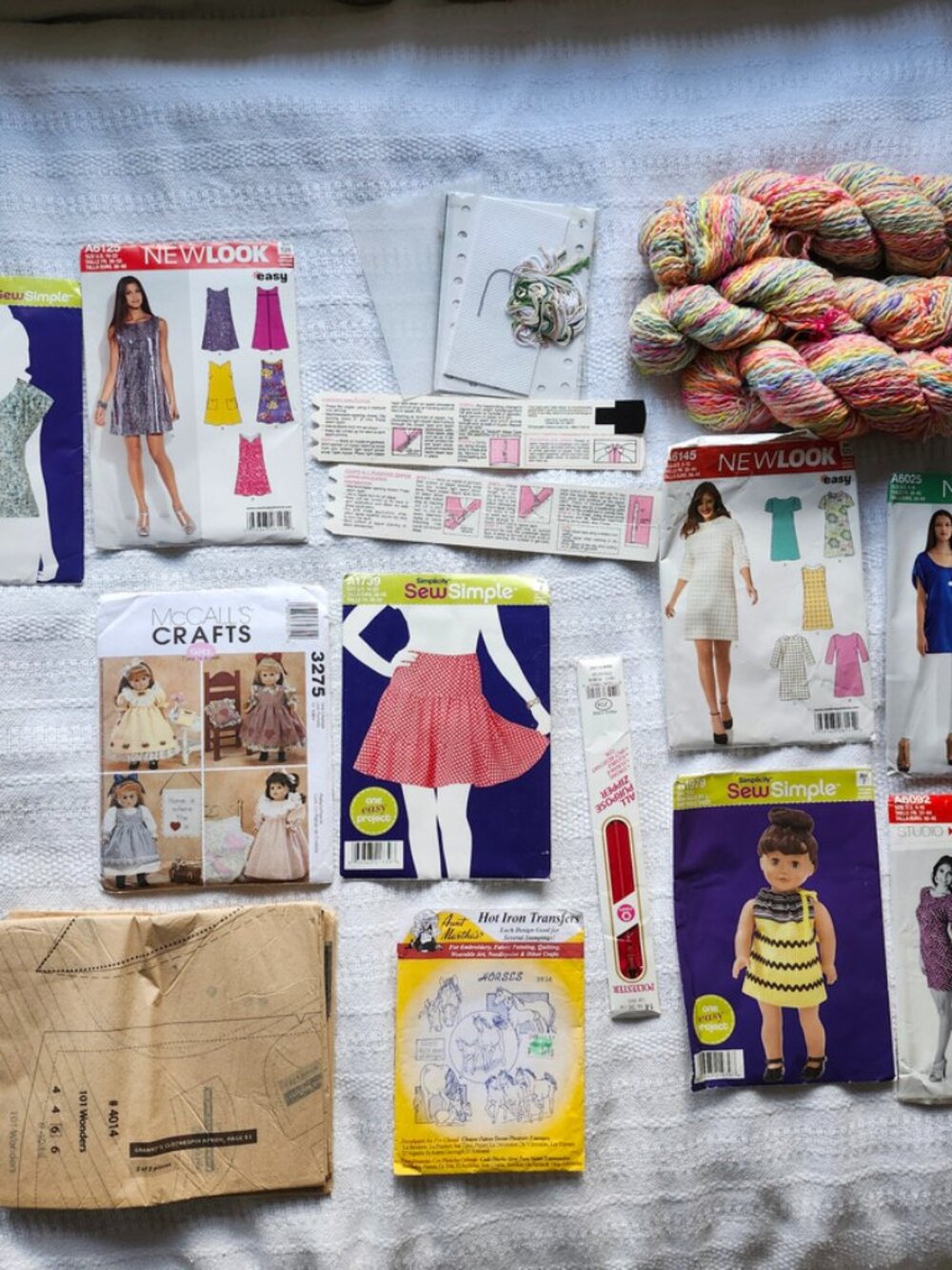 Crafters Lot New Look McCalls SewSimple patterns yarn zippers embroidery kit